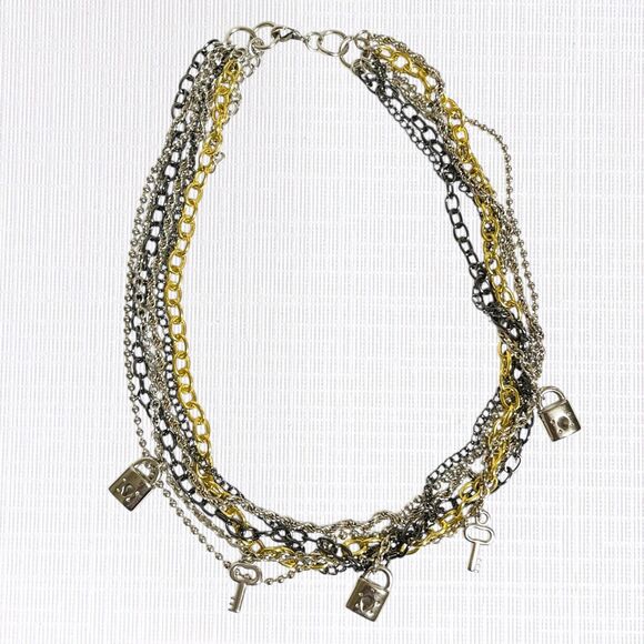Multi Strand Charm Necklace Dangle Keys Locks Chains Steampunk Tri Color Metal - Picture 6 of 9